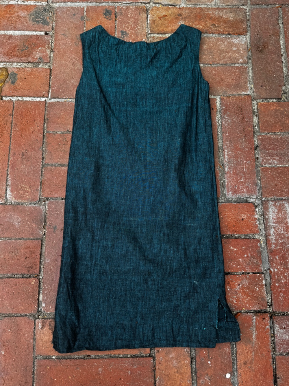 60s Vintage Blue Linen Mexican Tourist Dress w Embroidered Suns Sz SM - Picture 6 of 11